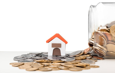 Poster - Mini house and money coins in glass jar