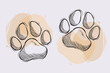 Hand drawn dog or cat paws, outline drawing of two pet paw against beige watercolors
