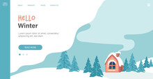 Winter In Village Holiday Template. Winter Landscape With Cute House And Trees, Merry Christmas Greeting Card Template. Vector Illustration In Flat Style