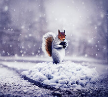 A Squirrel In The Snow With Snowflakes Falling In A Winter Landscape, An Illustration