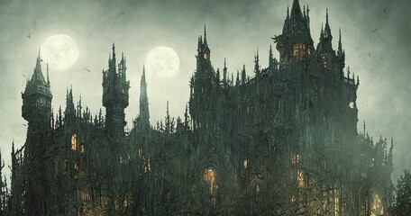 Wall Mural - Gothic Mid evil castle full moon garden