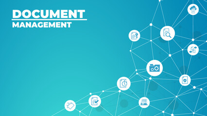 Wall Mural - Document management vector illustration. Blue concept with no people related to digital file storage system and software, corporate records keeping, database technology.
