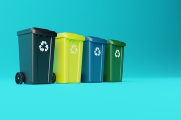 Canvas Print - Waste bins for segregation. Wastepaper basket in different colors for the sorting of paper, glass, plastic. Recycling concept, taking care of the environment. 3d rendering, 3d illustration.