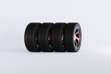 Poster - Tires on a white background. The concept of changing tires for seasonal, using tires on snow, ice. Replacing tires with summer or winter tires. 3D render, 3D illustration.