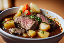 Close-up Food Photography Of Hearty Beef Stew With Potato In Crock Pot And A Side Of Toast