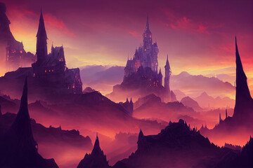 Wall Mural - elegant palace made of stone, built above a futuristic city, high fantasy, magic, ai generated art