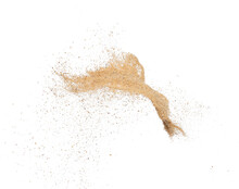 Sand Flying Explosion, Golden Sand Wave Explode. Abstract Sands Cloud Fly. Yellow Colored Sand Splash Throwing In Air. White Background Isolated High Speed Shutter, Throwing Freeze Stop Motion, Png