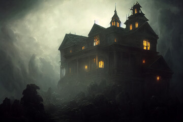 Wall Mural - Haunted House on top of a hill, Fantasy, Chiaroscuro, Hyper detailed, Palladian architecture, Dramatic Atmosphere, Adumbral, Supernatural light, Spooky, Daunting, Mysterious. AI GERENATED ART