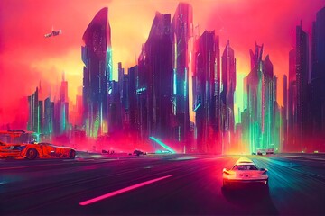 Futuristic car in cyber city with spectacular illuminated neon style 3D illustration