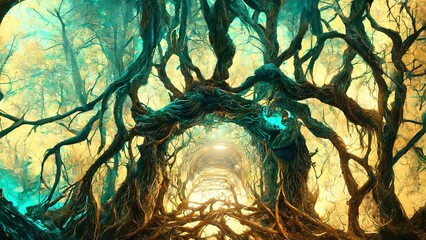 Wall Mural - Dark scary forest cursed by witch spell spectacular 3D illustration for ghost and halloween black magic scene