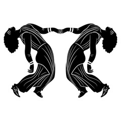 Symmetrical design with two dancing ancient Greek women holding hands. Maenads in trance. Vase painting style. Black and white negative  silhouette. Isolated vector illustration.