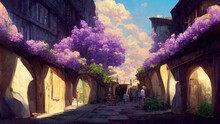 Alleyway Bordered By Blooming Wisteria Flowers - Simple Version