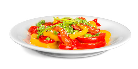 Wall Mural - Colorful vegetables salad on white plate. Red and yellow sweet peppers grilled with garlic and basil.Mediterranean  cuisine