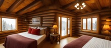 Mountain Log Cabin Rustic Bedroom Interior, Snow Outside
