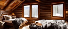 Rustic Mountain Cabin Bedroom, Ski Lodge, Winter