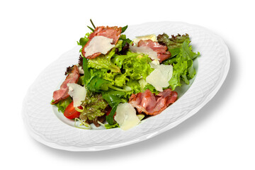 Wall Mural - Close-up of tasty fresh salad in white plate isolated on white background