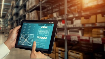 Warehouse management deft software in computer for real time monitoring of goods package delivery . Computer screen showing smart inventory dashboard for storage and supply chain distribution .