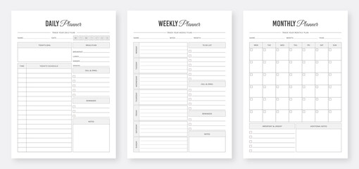 Wall Mural - Daily, weekly, monthly planner template. 3 Set of minimalist planners. Printable Daily Weekly Monthly Planner Template. Daily productivity planner. Organizer & Schedule Planner. Planner Collection Set