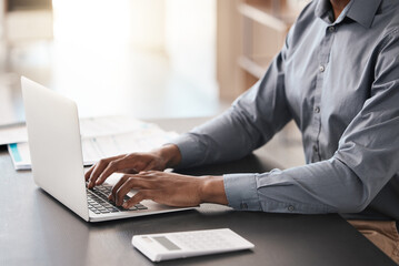 laptop, hands typing and business man in office working on job email or report. digital research, de