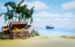 panorama view boxes or treasure chests. wooden treasure chest put on the beach at a deserted island in the theme of Pirate treasure. 3D rendering