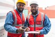 Portrait photo of the moment of two black african male container engineers working and inspecting containers around a shipping yard of a local logistic freight  forwarder company