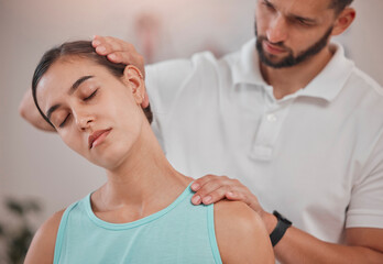 Sticker - Massage, physiotherapy and injury with a woman customer suffering from neck pain in session with a man consultant. Fitness, wellness and pain with a therapist and female client in rehabilitation