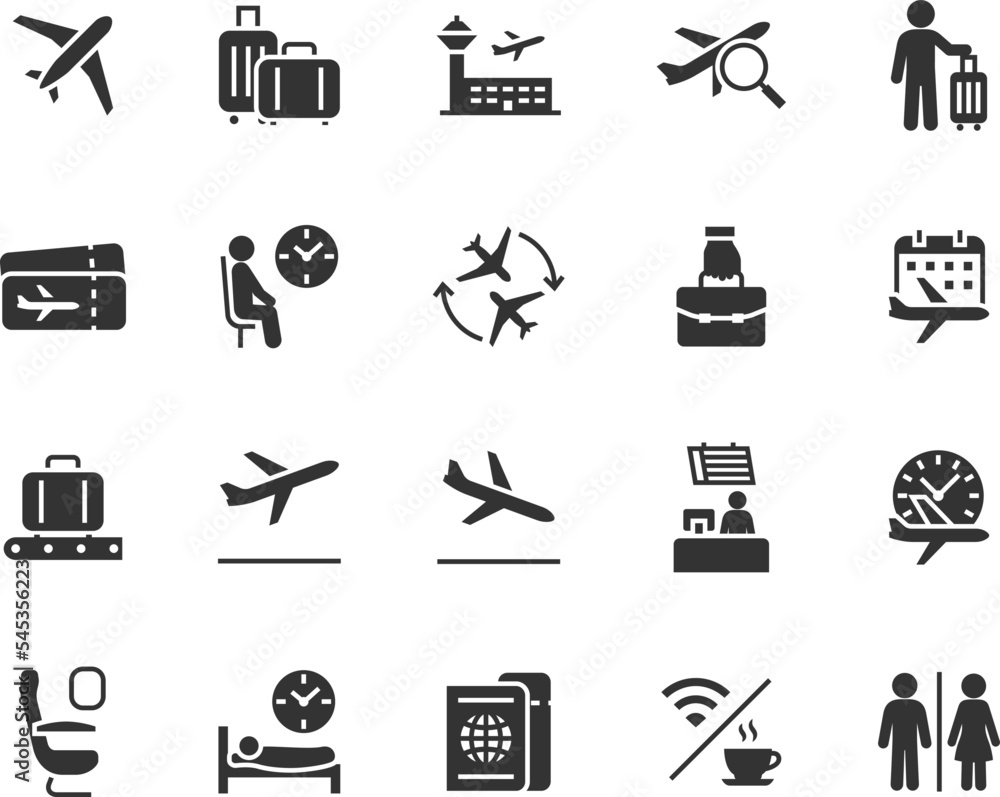 Vector set of airport flat icons. Contains icons baggage, departure ...
