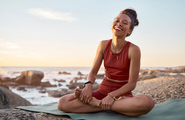 Sticker - Yoga mat, black woman and outdoor at beach, meditation and wellness to relax or peace. Portrait, African American female, lady or calm for exercise, pilates or fitness with smile, seaside or laughing