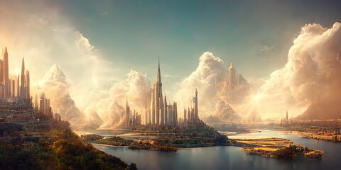 Wall Mural - Isolated futuristic city on landscape as background