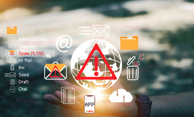 Concept of e-mail and computer viruses. Review the concepts of internet security, spam and e-marketing on screen. Spam email pop-up warnings.