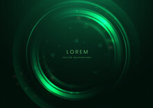 Abstract Technology Futuristic Neon Circle Glowing Green Light Lines With Speed Motion Blur Effect On Dark Green Background.