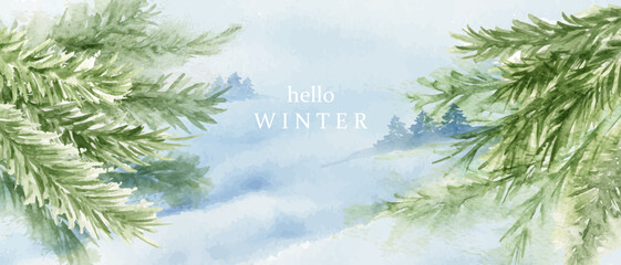 Winter holiday background. Blue watercolor wash, green plants, fir, spruce. Snowy hills, forest, landscape. Greeting card, invitation, flyer, cover print.