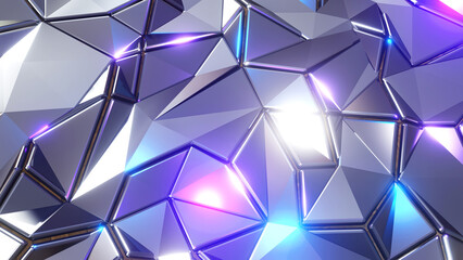 Canvas Print - Abstract mosaic background, silver metal polygons, trangle shapes purple blue metallic wallpaper design, 3D render illustration.