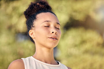 Poster - Calm, fitness and breathing woman in nature for outdoor wellness, running or workout exercise in summer. Young sports, athlete or runner girl breathe, meditation or thinking in forest, park or garden