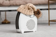 Modern electric fan heater with warm hat on carpet in living room