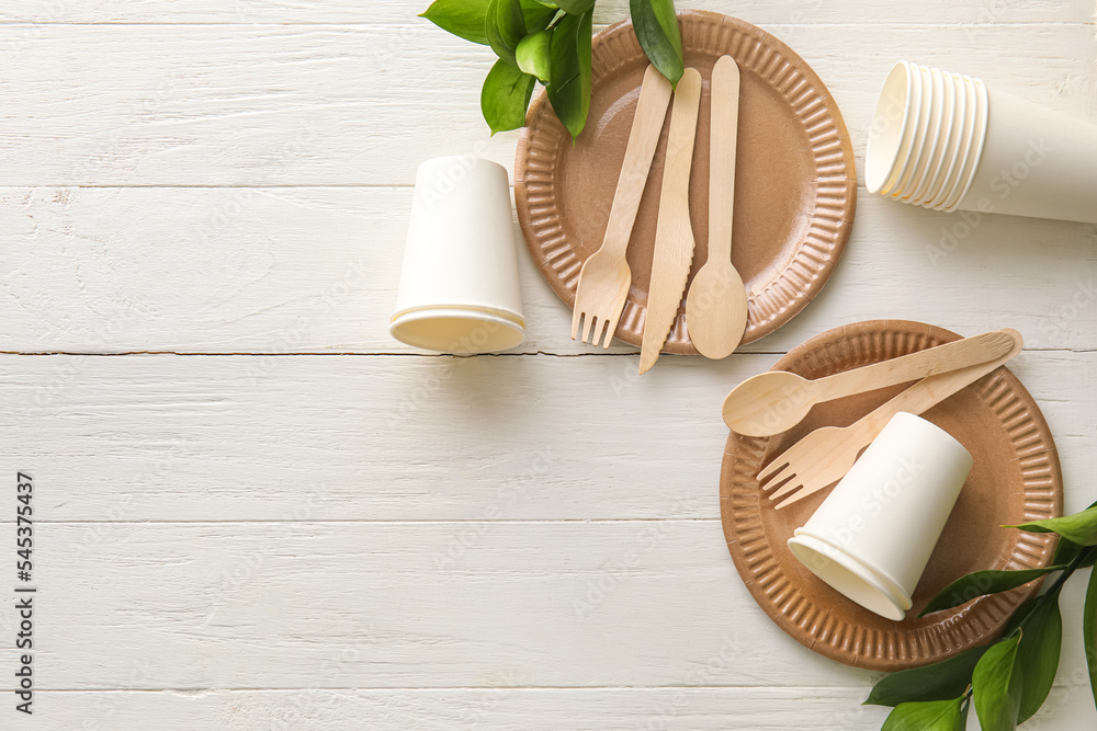 Eco tableware and plant branches on white wooden background