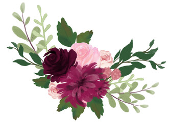 watercolor vintage floral composition pink and blue floral bouquet flowers and feathers isolated