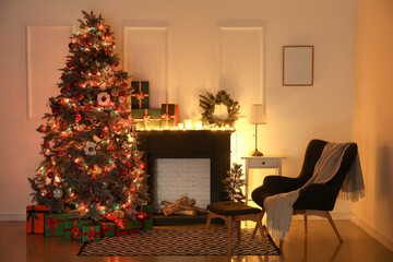 Wall Mural - Interior of dark living room with mantelpiece, armchair and Christmas tree