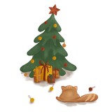 Fototapeta Dziecięca - Cute ginger cat and christmas tree with gifts