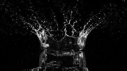 Poster - Super slow motion of splashing water crown shape on black background. Filmed on high speed cinema camera, 1000fps.