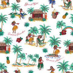 Wall Mural - Beautiful Summer tropical Hawaii Aloha island , Beach Vibes Seamless pattern Vector Illustration