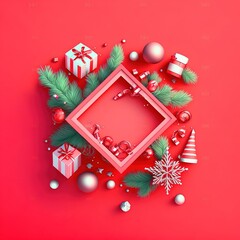 Leinwandbilder - Funny, ultra soft Christmas red background with decorative elements isolated on pink background. Pastel colors. Colorful poster and banner. Cartoon minimal air style. 3D illustration