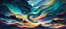 Abstract Organic Waves. Colorful Art Landscape With Organic Waves And Shapes. Background Illustration. Digital Art Image.