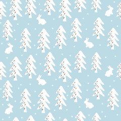 Wall Mural - Vector seamless pattern with hand drawn Christmas trees and rabbit