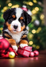 Cute Puppy Sitting In A Red Gift Box, Christmas Presents, Glamour Photography. New Year Decoration. Greeting Card. AI Generated Image