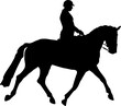 Dressage horse trotting with rider on,  black silhouette illustrations