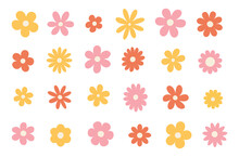 Hippy Groovy Daisy Flowers Set. Retro Vintage  Style, Hand Drawn Decorative Elements. 60s, 70s, Icon Flower, Pastel Colors, Kids Cute Decor. Flat Cartoon Illustration.
