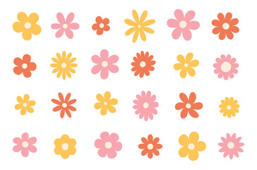 Hippy groovy daisy flowers set. Retro vintage  style, hand drawn decorative elements. 60s, 70s, icon flower, pastel colors, kids cute decor. Flat cartoon illustration.