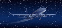 Detailed Realistic Vector Illustration Of An Airplane With Landing Gear On Dark Night Background. Transportation And Travel