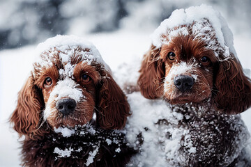 Poster - Puppies playing in the snow, digital illustration